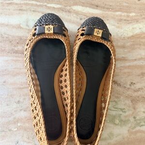 Tory Burch Brown Woven Loafers with Black Accents
